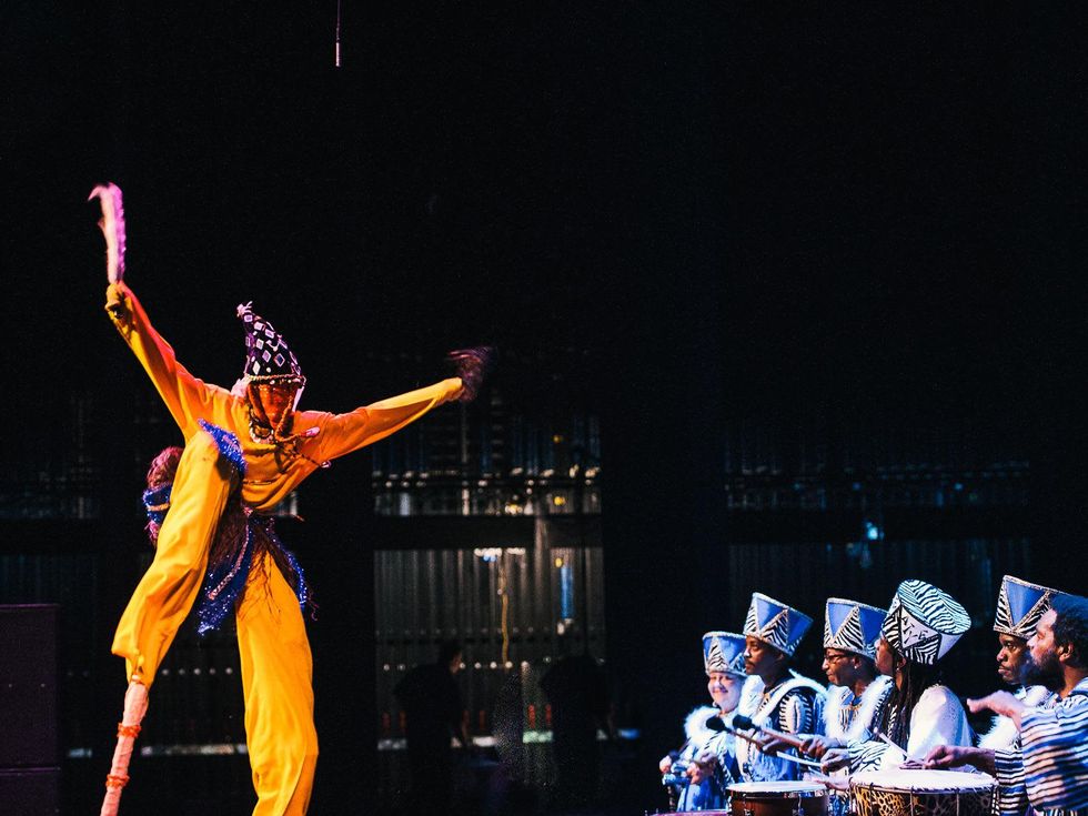 iFest party April 2013 16, man on stilts musicians