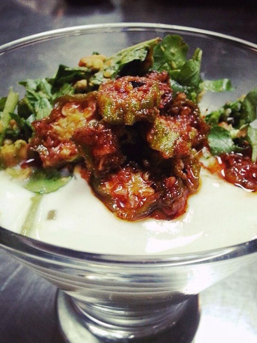 Indika dahi wada chaat! Chilled lentil dumplings, cumin yogurt sauce, pickled okra & peanuts