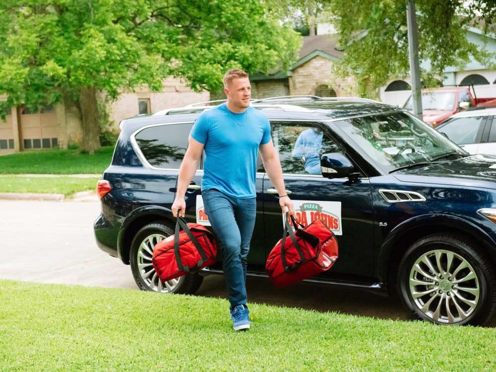 J.J. Watt delivers pizza to home of Wayne Lominac part of Papa John's promotion