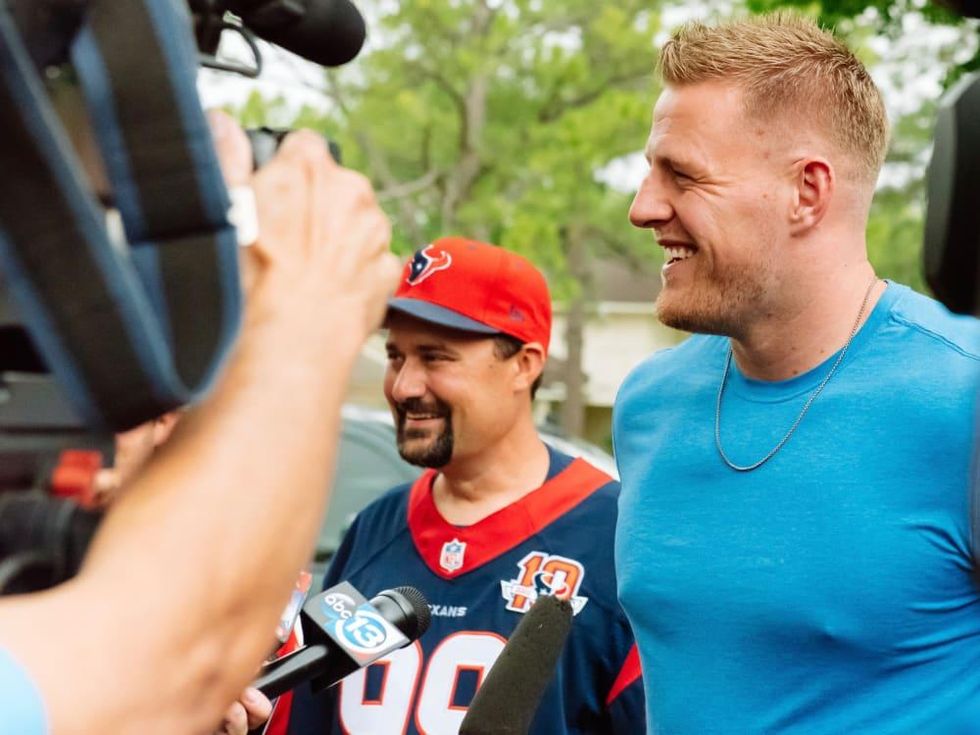 J.J. Watt delivers pizza to home of Wayne Lominac part of Papa John's promotion