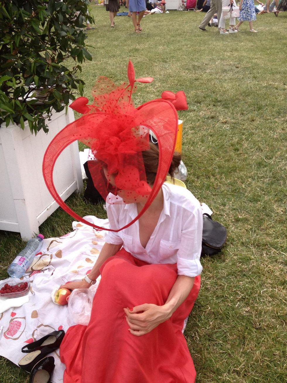 Janine Iannarelli postcards from Paris July 2013 "creation in red" hat photo by Janine Iannarelli at the Prix de Diane