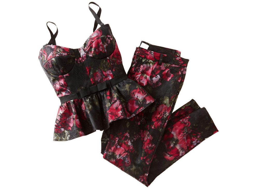 JC Penney Marchesa collection, March 2013, black lace pearl two-piece set, pants, bustier