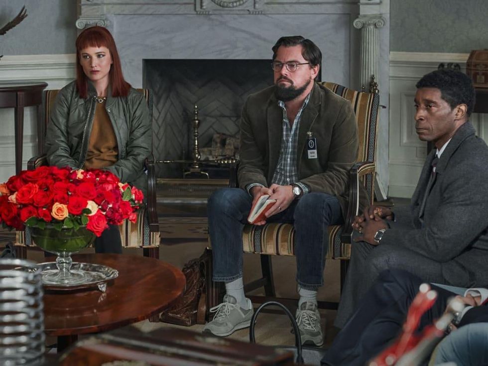 Jennifer Lawrence, Leonardo DiCaprio, and Rob Morgan in Don't Look Up