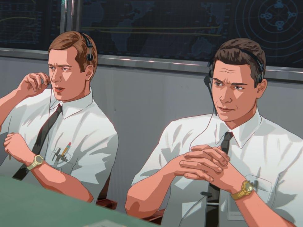 Jerry Bostick (Glen Powell) and Gene Kranz (Zachary Levi) in Apollo 10 1/2: A Space Age Childhood