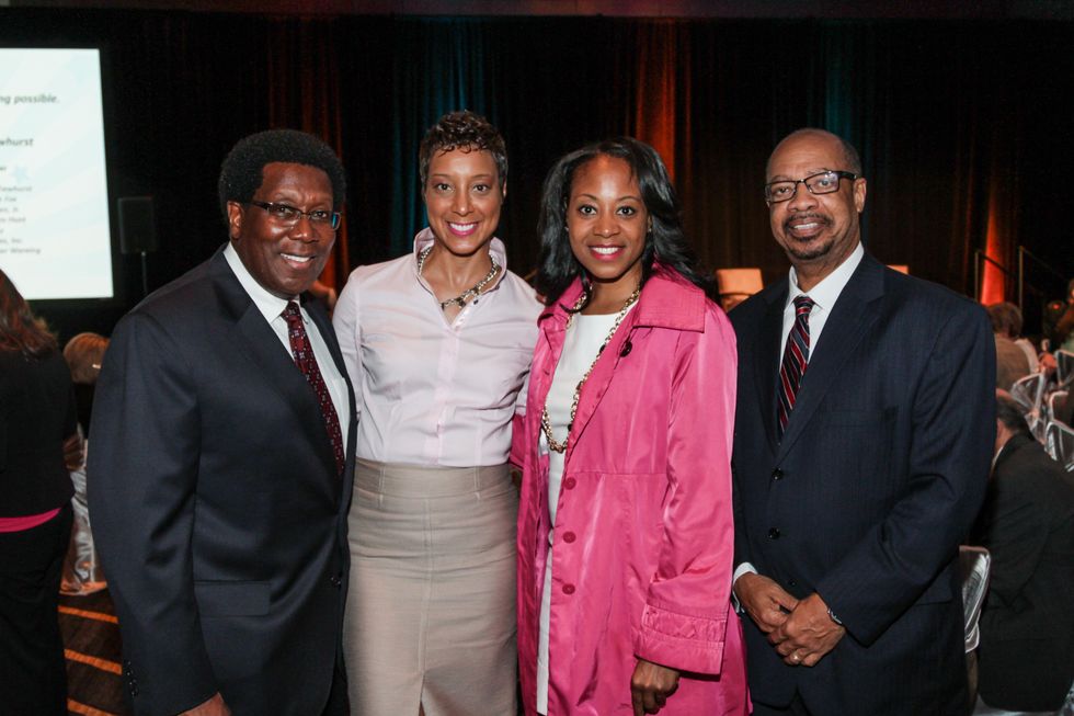 John Knight, from left, Stephanie Kirby, Takiyah Roberts and Dr. John Rudley at the College of Biblical Studies Rising Star Dinner May 2014