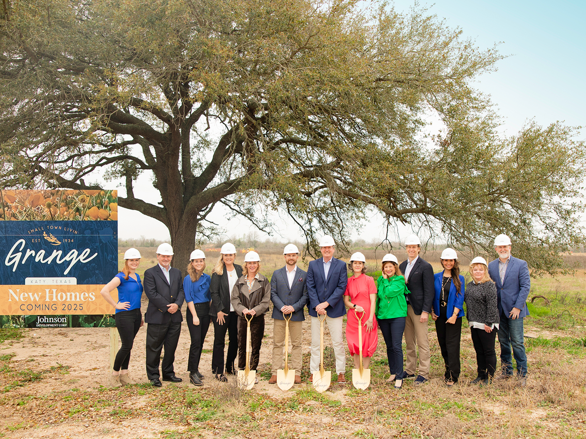 Johnson Development personnell with shovels at a groundbreaking ceremony announcing The Grange, a new community in Katy, Texas.