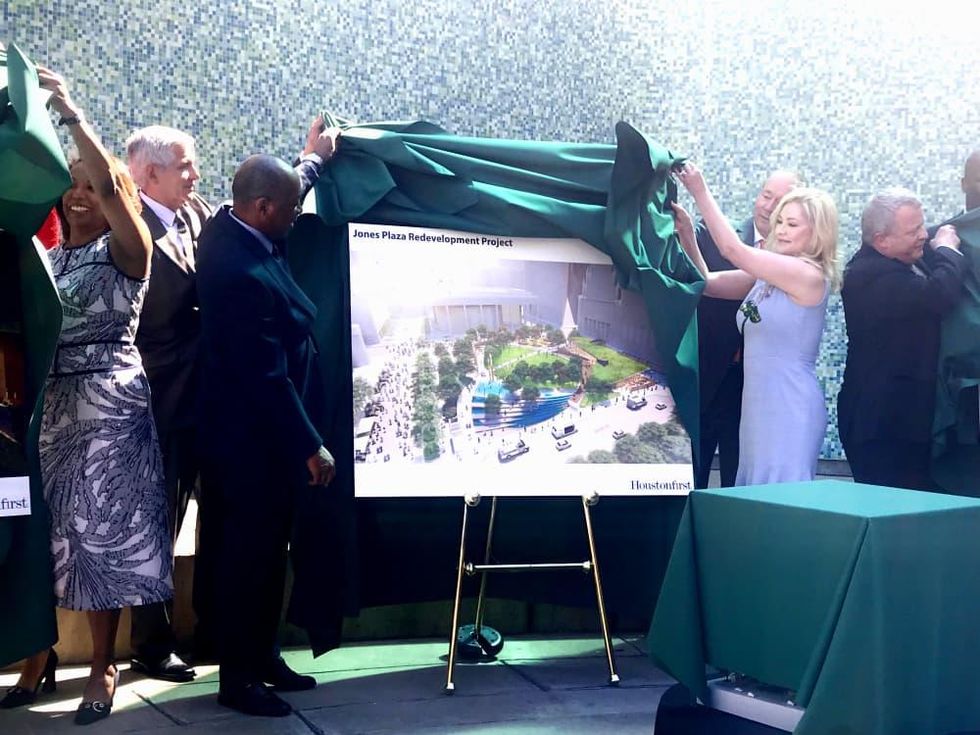Jones Plaza redevelopment Mayor Turner Jim Crane Whitney Crane unveil