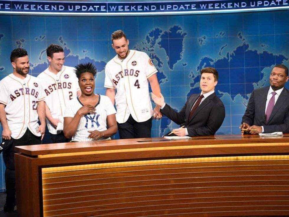 Jos\u00e9 Altuve, Alex Bregman, George Springer,Leslie Jones, Colin Jost, Michael Che on Saturday Night Live "Weekend Update"