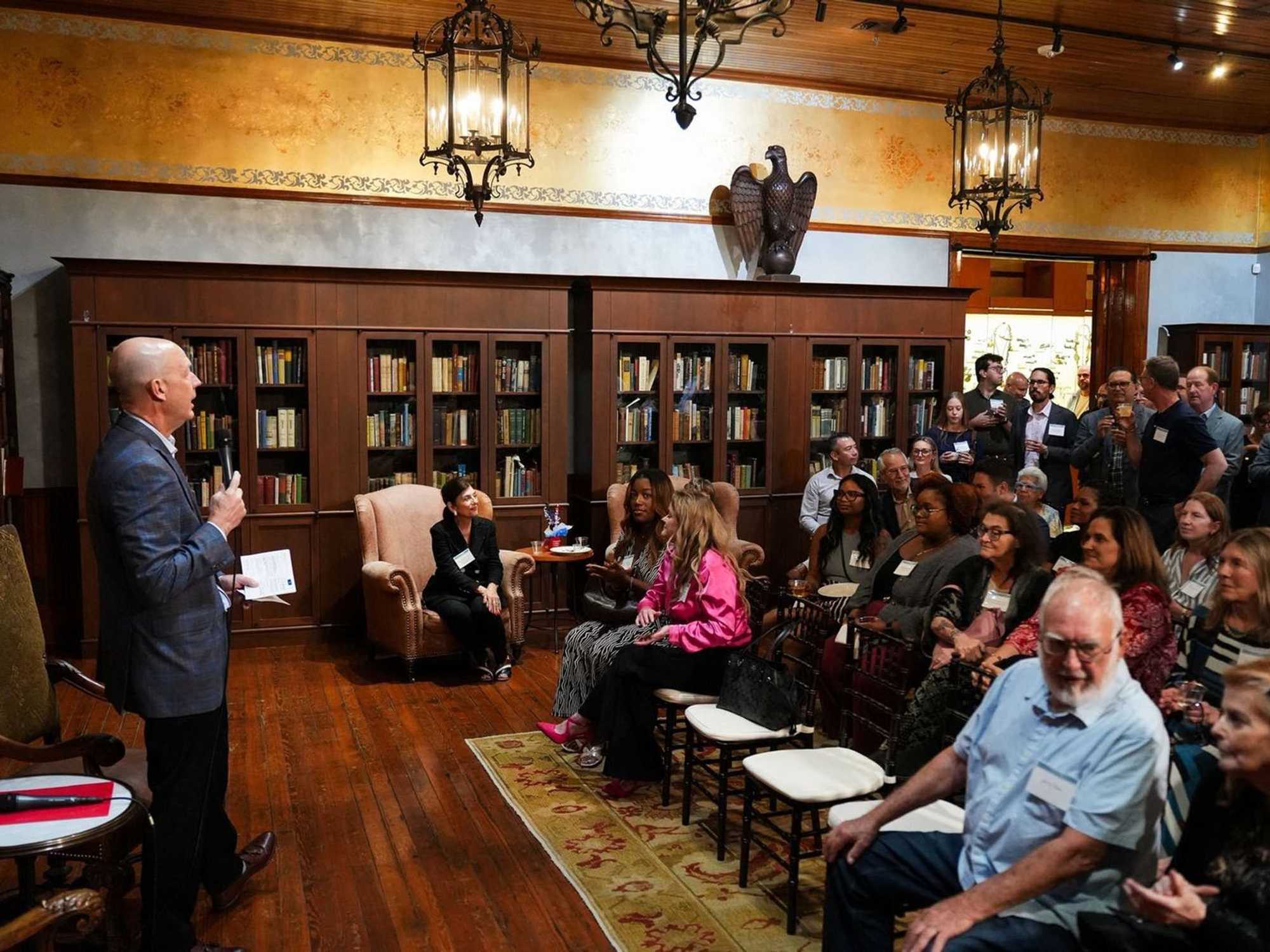 Josh Adams, Houston Public Media association vice president and general manager announces the bureau launch at a reception at The Bryan Museum in Galveston, Texas