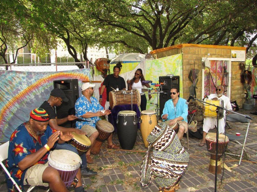 Joy of Djembe Drumming dummers in park