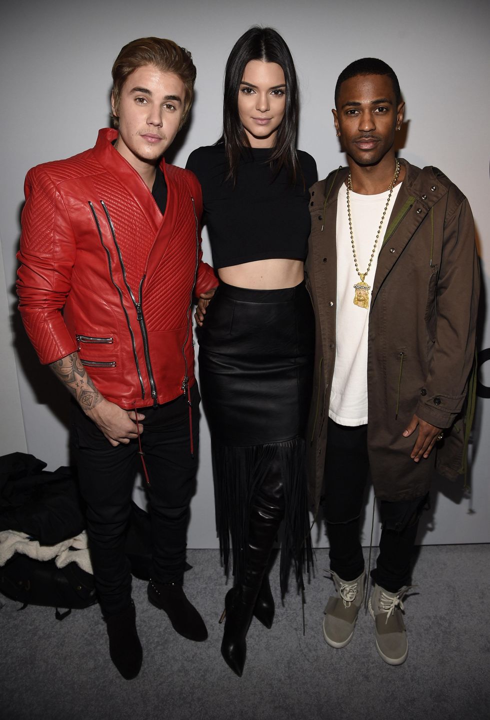 Justin Bieber, Kendall Jenner, and Big Sean pose backstage at the adidas Originals x Kanye West YEEZY SEASON 1 fashion show