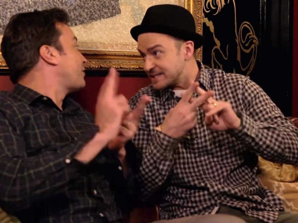 Justin Timberlake and Jimmy Fallon doing hashtags