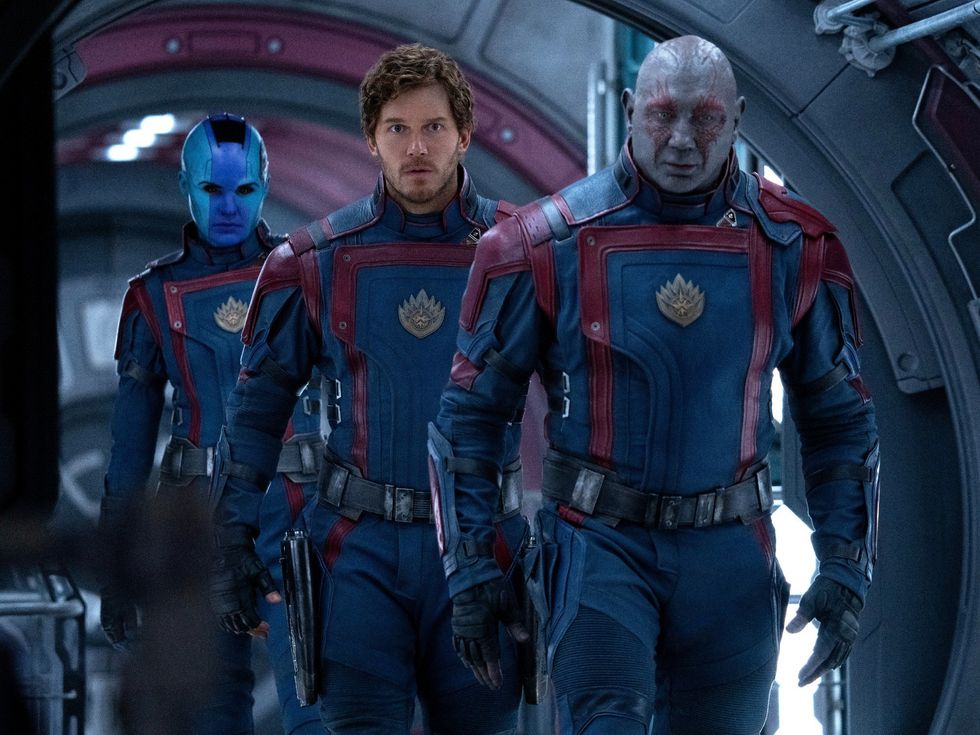 Karen Gillan, Chris Pratt, and Dave Bautista in Guardians of the Galaxy, Vol. 3