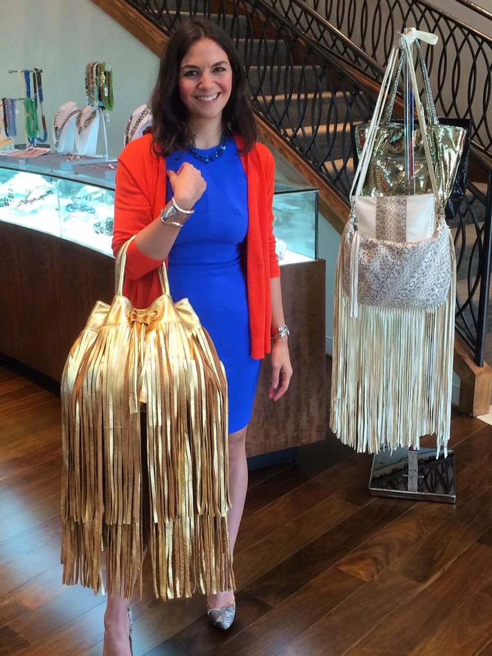 Kate Falchi with fringe bags at Elizabeth Anthony