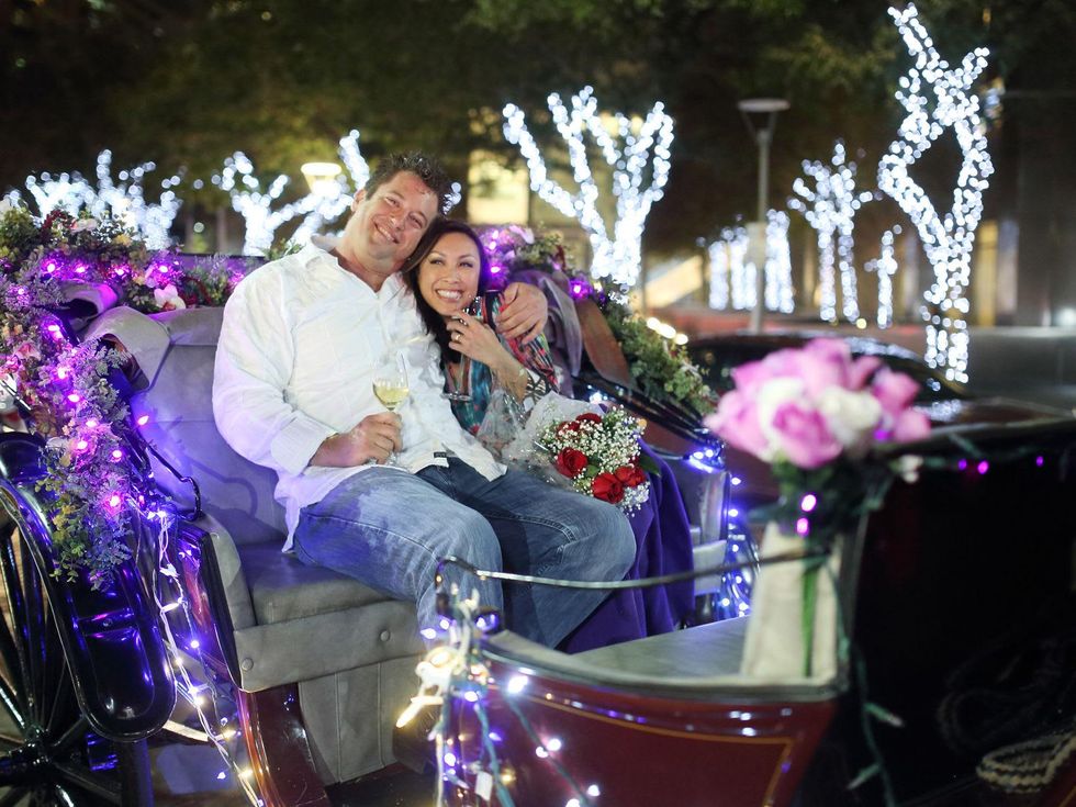 Kevin Bryant and Lily Jang engagement in carriage at Discovery Green December 2014