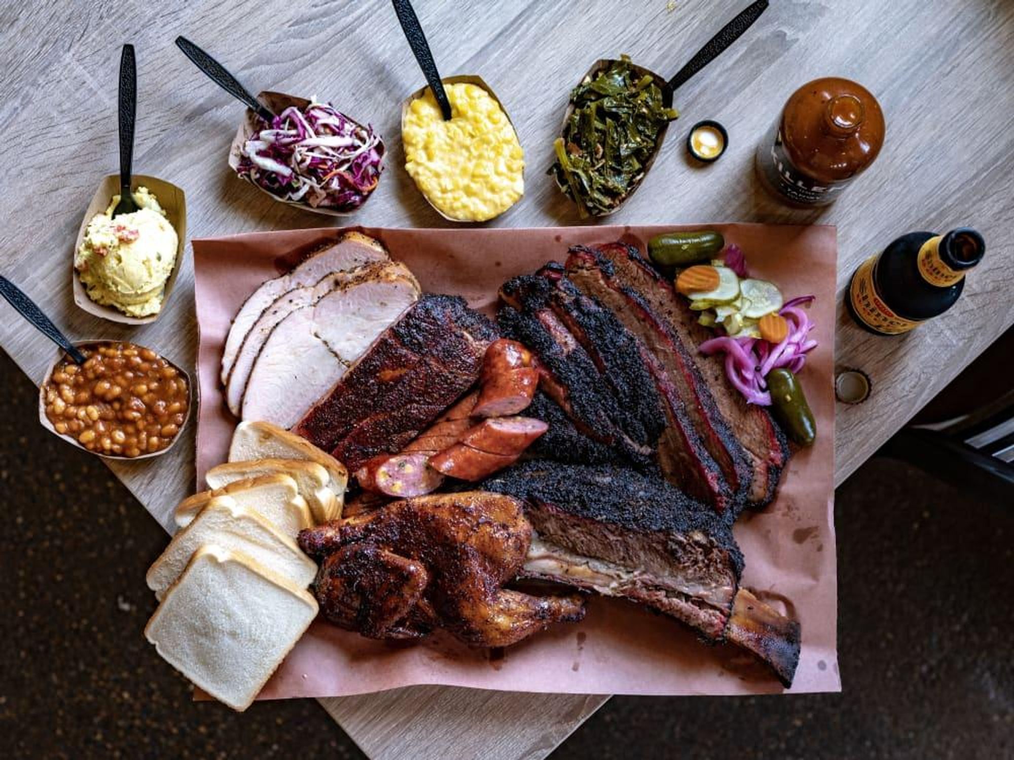 Killen's barbecue meat platter with sides