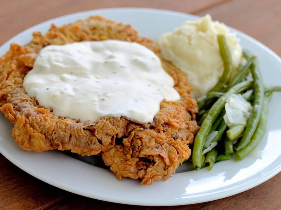 Killen's BBQ barbecue chicken fried steak with gravy green beans mashed potatoes
