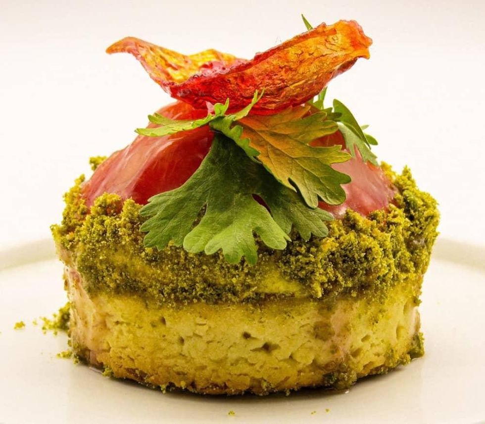 Koffeteria late summer tomato tart with pistachio pesto