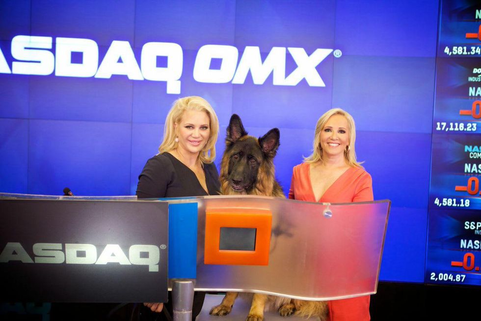 Kristi Schiller, Jamie Colby and canine Johnny Cash at NASDAQ Times Square