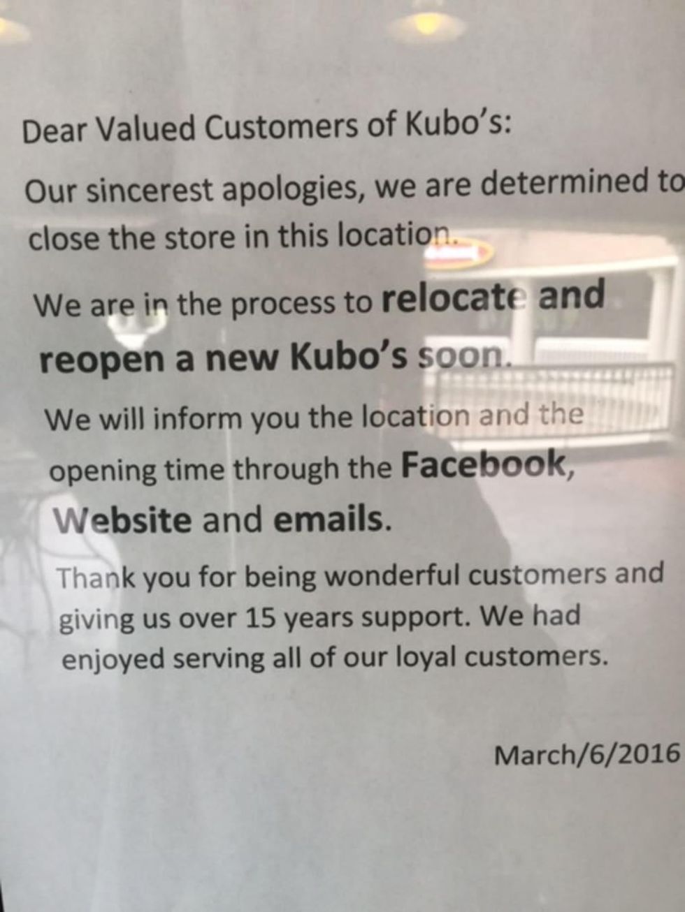 Kubo's sushi Rice Village closed sign