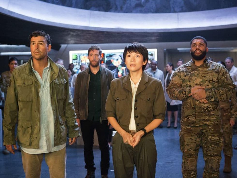 Kyle Chandler, Thomas Middleditch, Ziyi Zhang, and O'Shea Jackson, Jr. in Godzilla: King of the Monsters