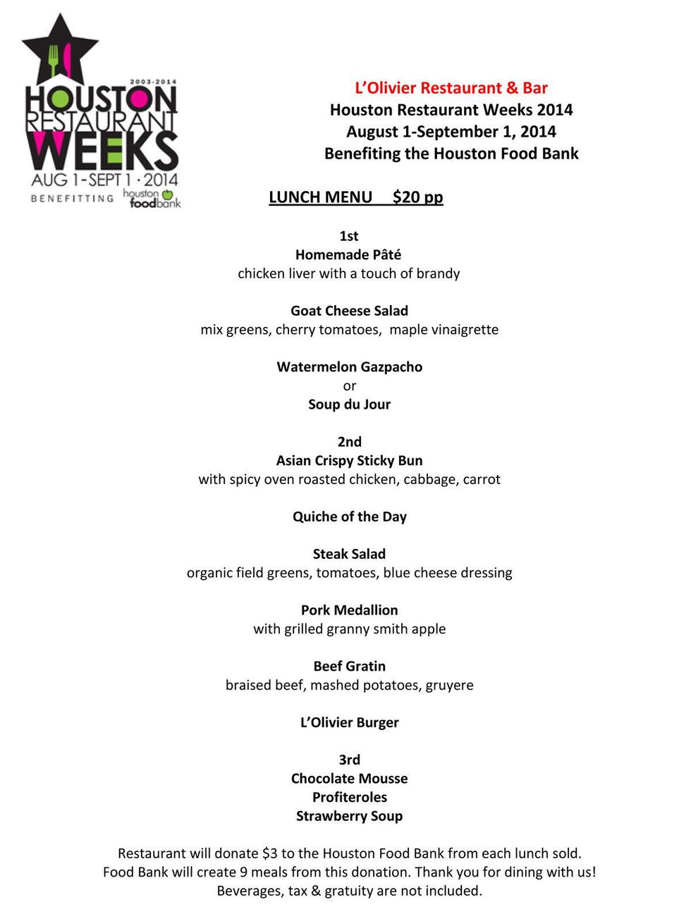 L'Olivier menu Houston Restaurant Weeks August 2014 lunch menu