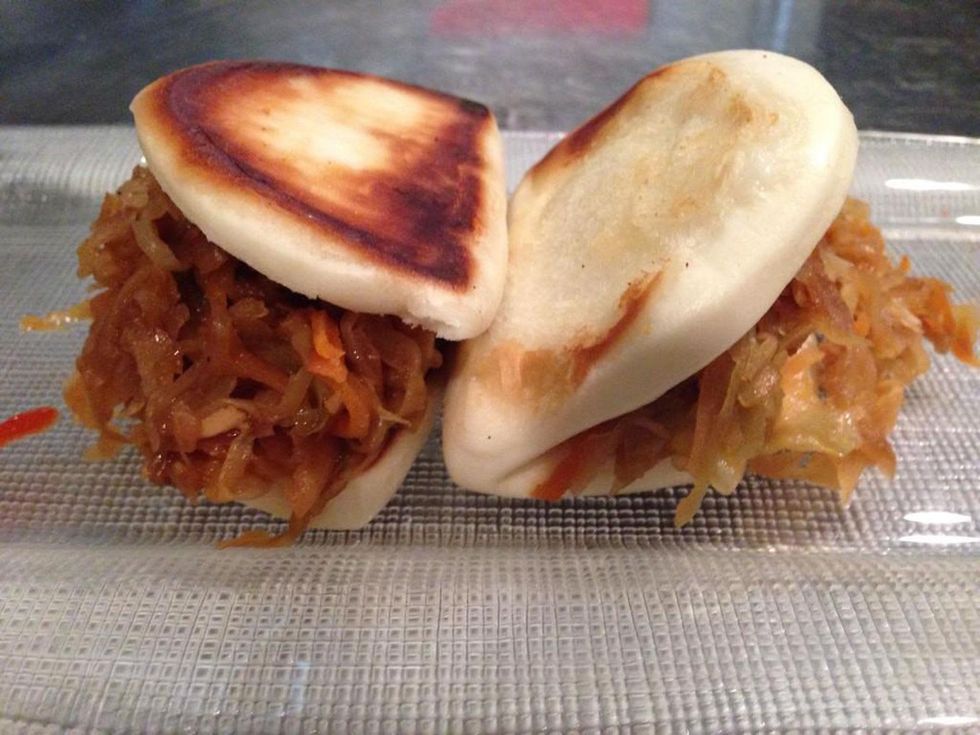 L'Olivier Restaurant & Bar Asian crispy sticky bun with spicy oven-roasted chicken and cabbage and carrots