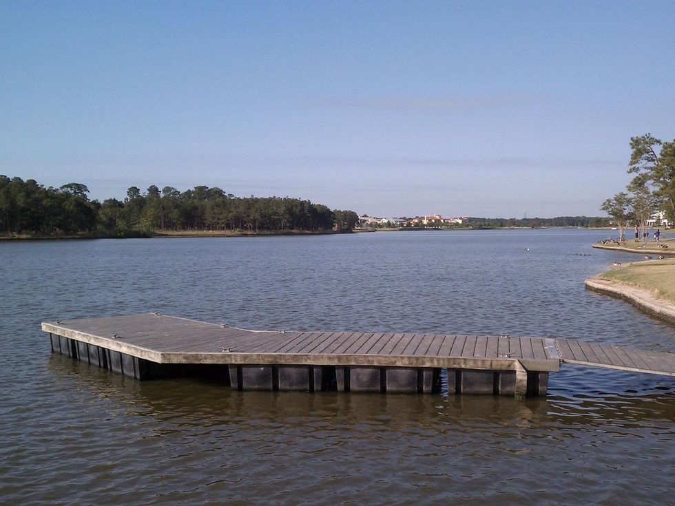 Lake Woodlands in The Woodlands dock looking at Mitchell Island from Northshore Park