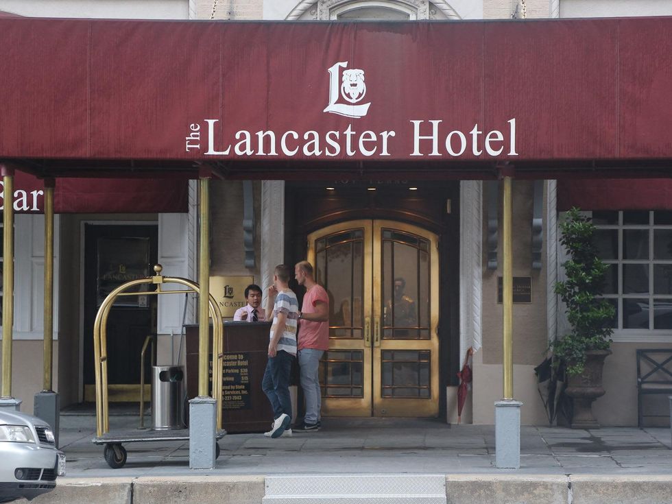 Lancaster Hotel Houston renovation July 2013 entrance with sign
