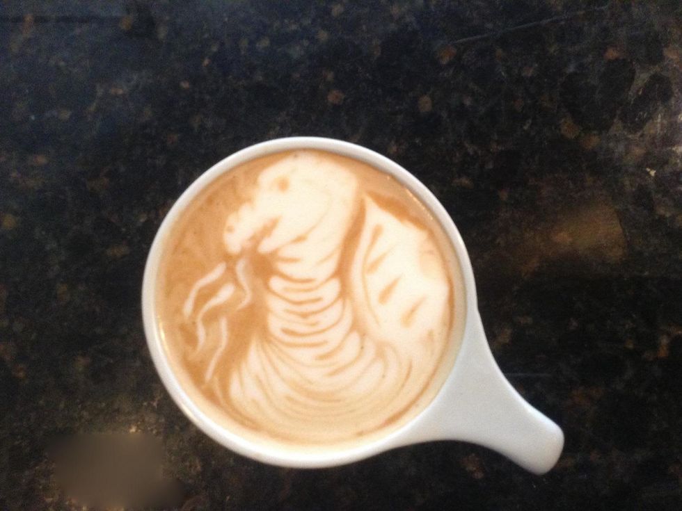 Layne Lynch coffee latte art August 2013 Southside Espresso coffee latte with dragon