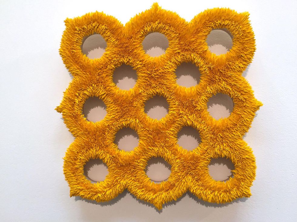 Lea Weingarten Armory Arts Week Fair Story March 2015 Image 7 Donald Moffett Lot 011715 (exo-spore 2, ore yellow), 2015 Oil on linen with wood panel support Marianne Boesky Gallery