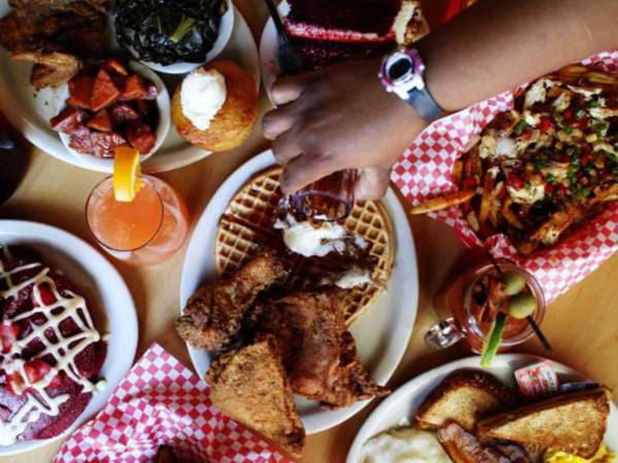 Lo-Lo's Chicken and Waffles food spread