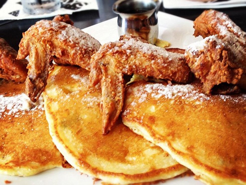 Max's Wine Dive Houson Southern-fried chicken wings cornbread griddle cakes with maple syrup