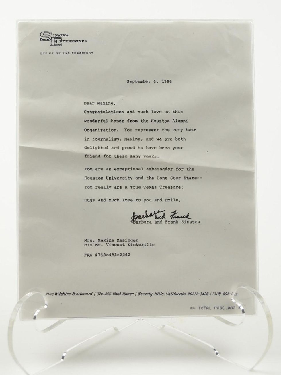 Maxine Mesinger auction October 2013 letter from Frank and Barbara Sinatra