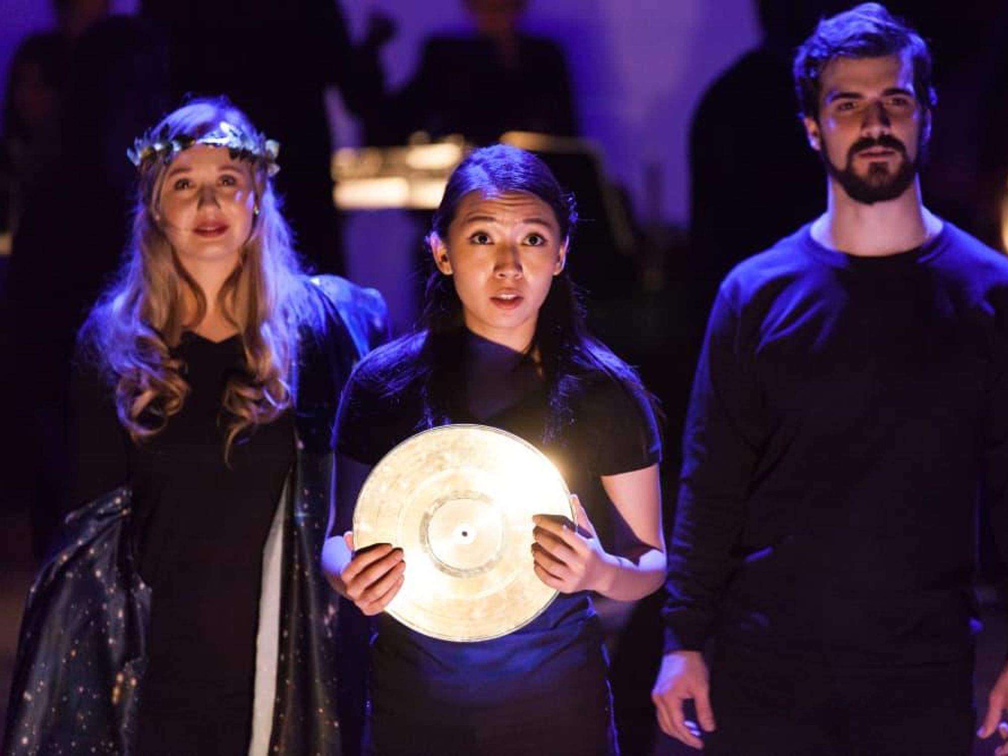 Megan Samarin, Purem Jo and Ben Edquist in Houston Grand Opera production of O Columbia