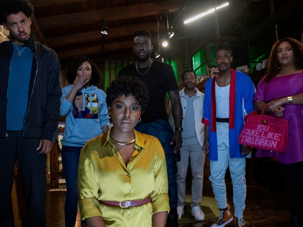 Melvin Gregg, Grace Byers, Antoinette Robertson, Sinqua Walls, Jermaine Fowler, Dewayne Perkins, and X Mayo in The Blackening