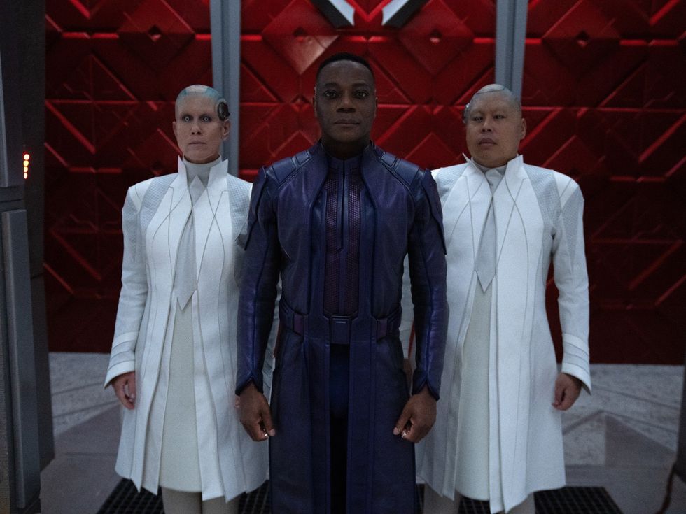 Miriam Shor, Chukwudi Iwuji, and Nico Santos in Guardians of the Galaxy, Vol. 3