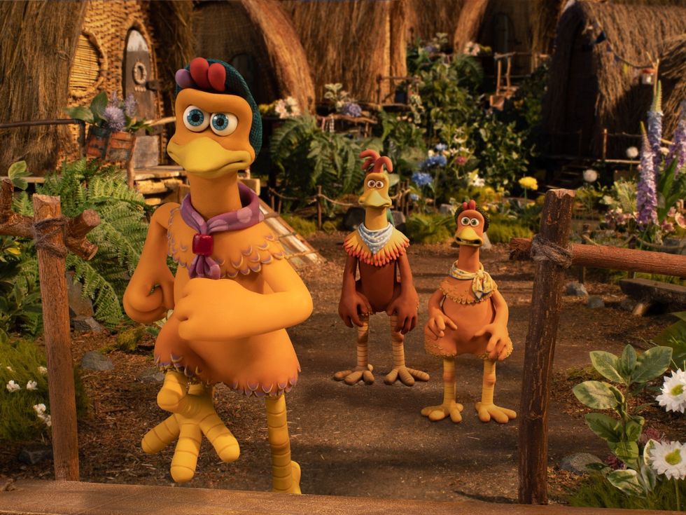Molly (Bella Ramsey), Rocky (Zachary Levi), and Ginger (Thandiwe Newton) in Chicken Run: Dawn of the Nugget