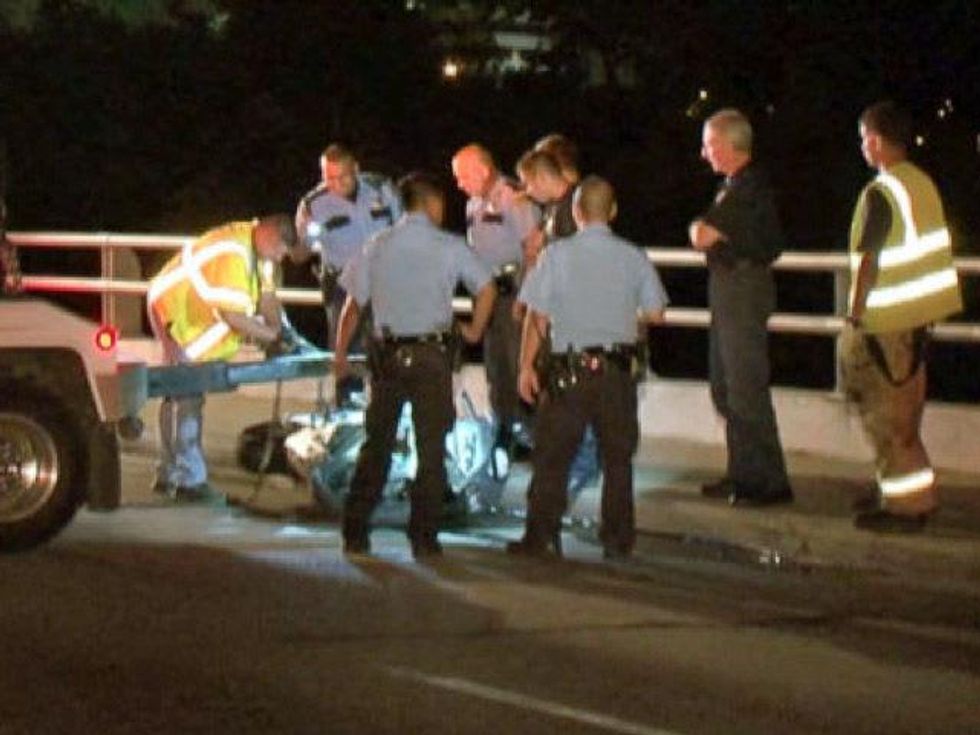 motorcyclist jumps curb along Allen Parkway June 2013 RUN FLAT