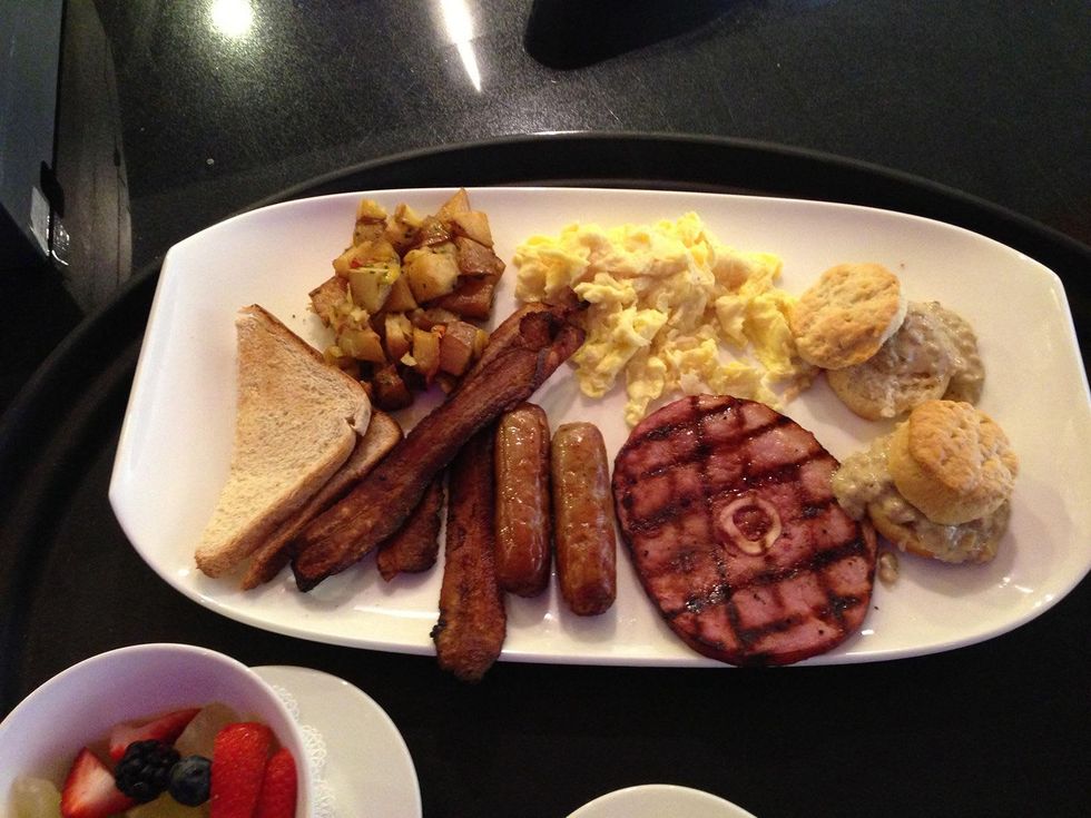 Mr. Peeples brunch with ham, scrambled eggs, hash browns, sausage and toast, The Traditional