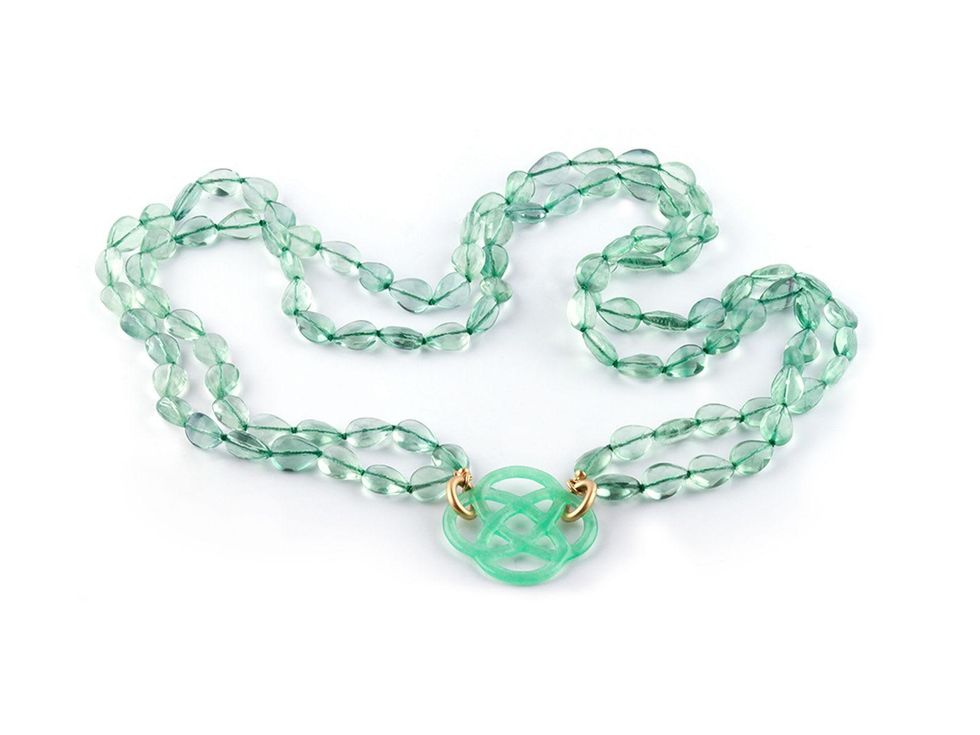 MRS. B Collection Open House Cathy Borlenghi jewelry October 2014 Flourspar_Necklace_with_Green_Jade_Love_Knot