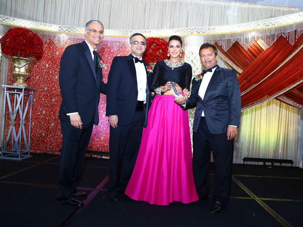 Mustafa Tameez, from left, Nomaan Husain, Neha Dhupia and Ash Shah at the South Asian Chamber Gala February 2014