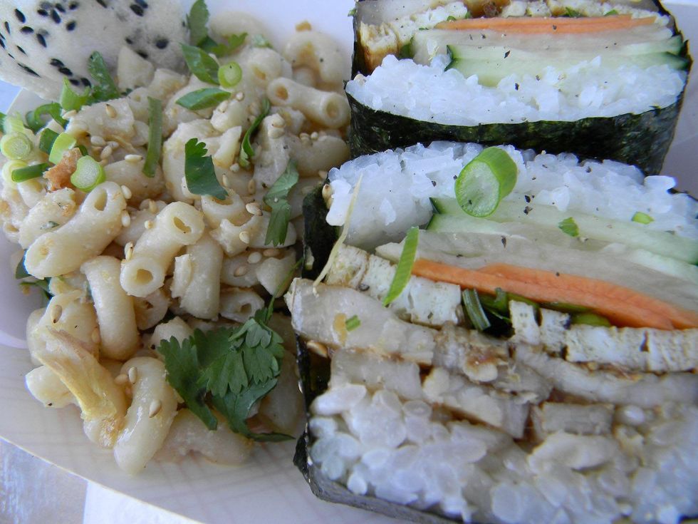Musubi food truck Pork Belly and Five Spice Egg Musubi with macaroni salad