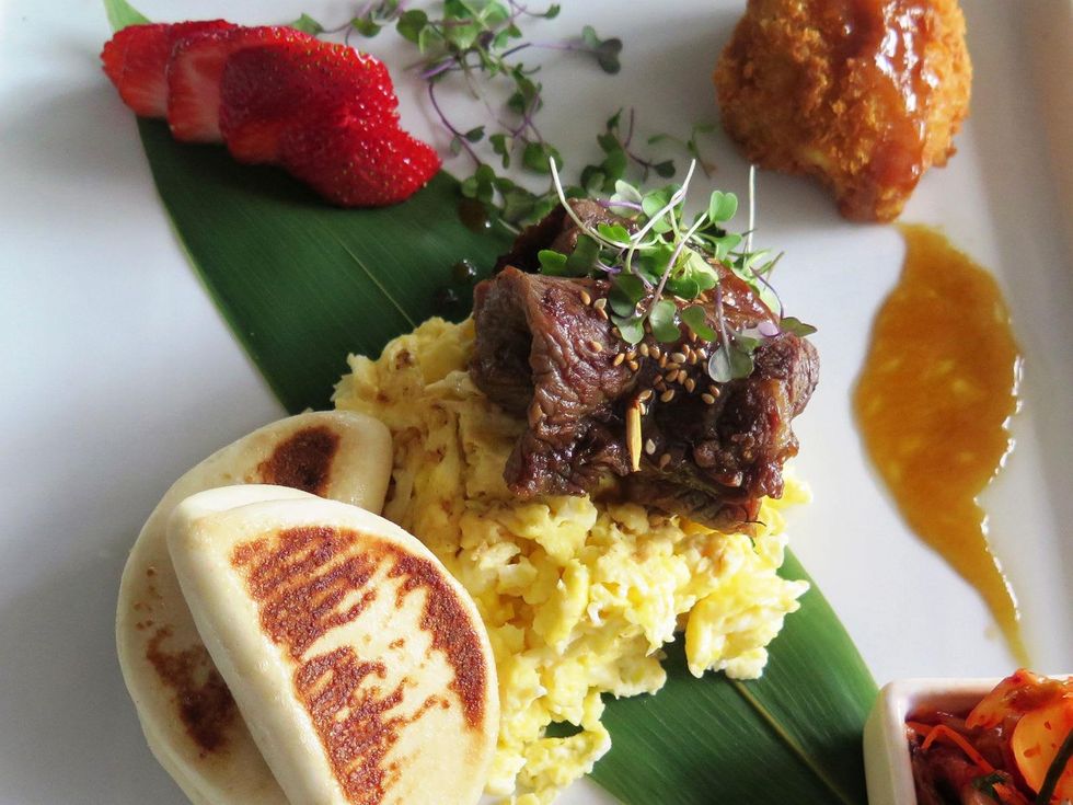 Nara brunch June 2014 galbi (Korean short ribs) and scrambled eggs + kimchi, toasted buns & Katsu-fried green tomato with bulgogi reduction