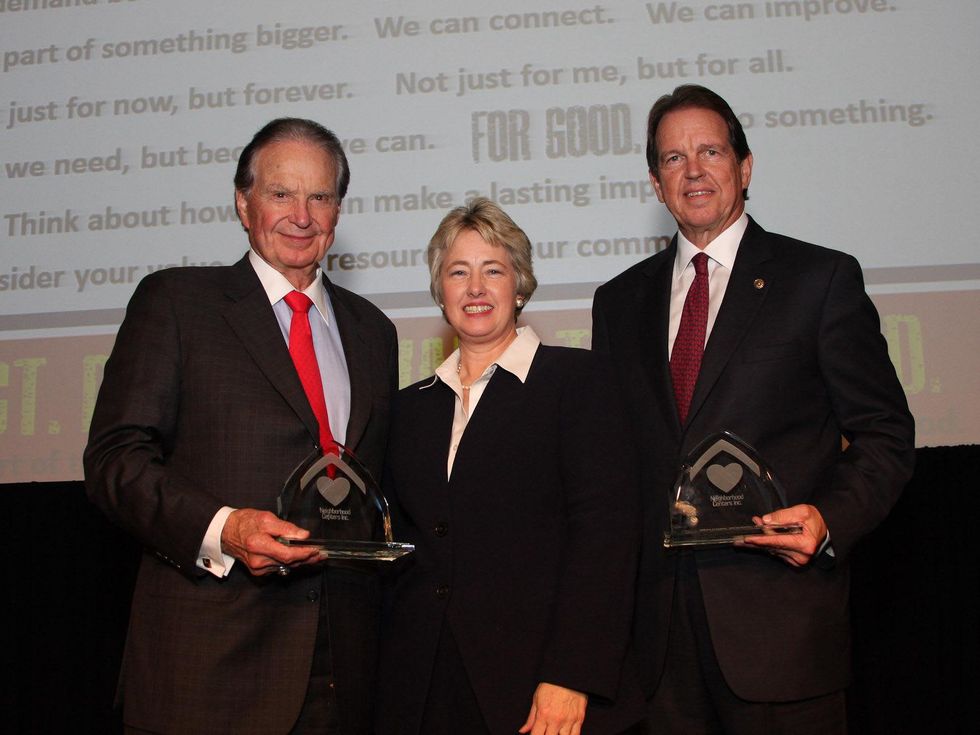 Neighborhood Centers Heart of Gold luncheon, February 2013, Welcome Wilson Sr., Mayor Annise Parker, Welcome Wilson Jr.