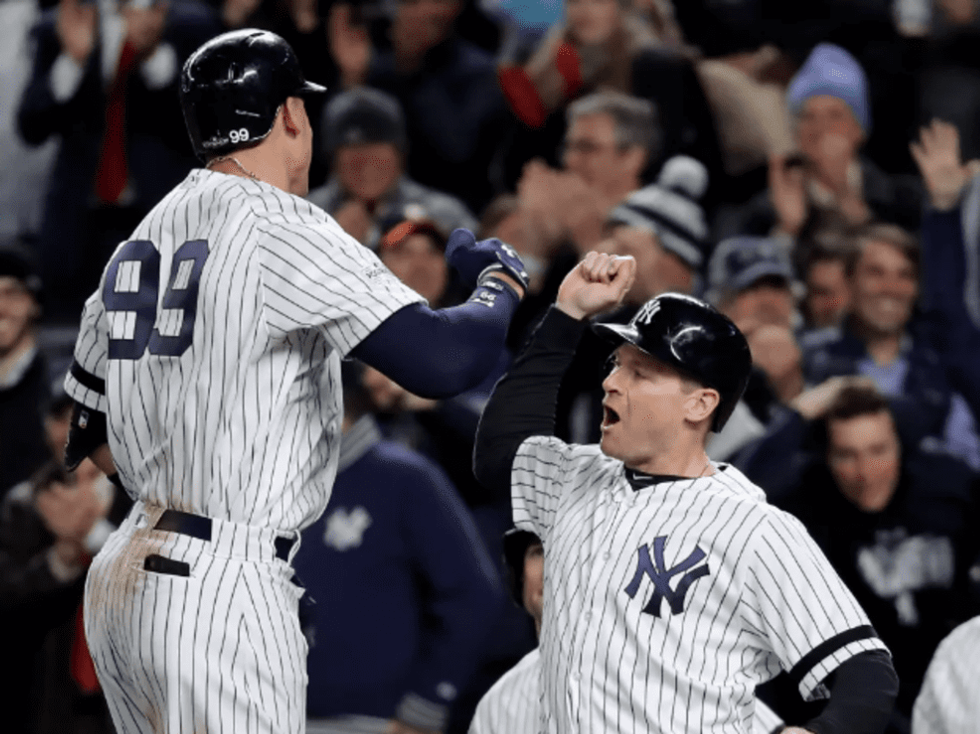 New York Yankees player Aaron Judge celebrates with Chase Headley after his three-run homer in win over Astros