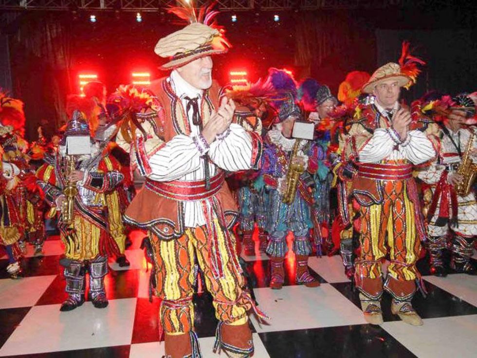 News_Mardi Gras_Feb. 2010_Galveston_Lead Philadelphia Mummer_Bob Shannon_Joy Fertitta_Vic Fertitta