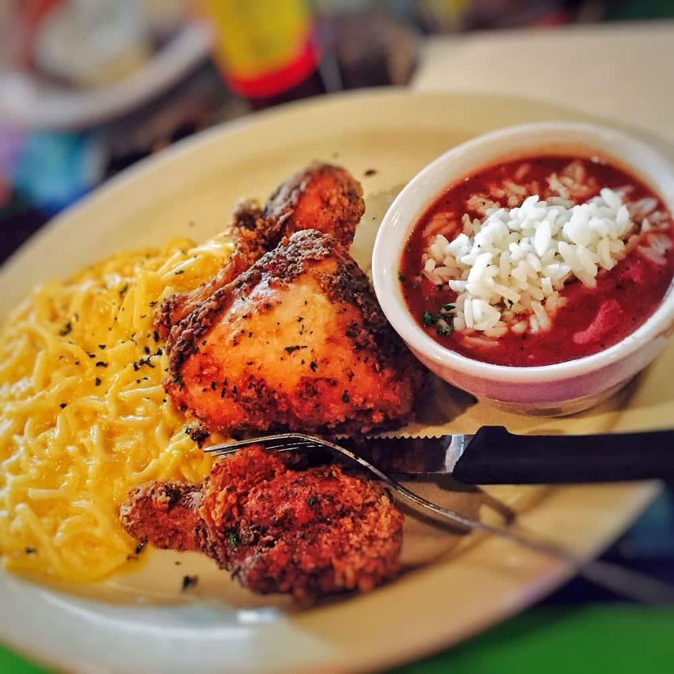 Neyow's brined fried chicken with red beans and rice