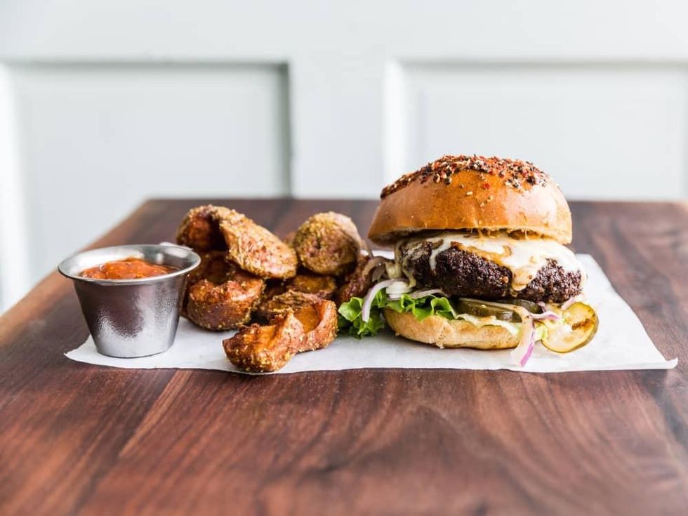 Night Heron burger and crispy potatoes