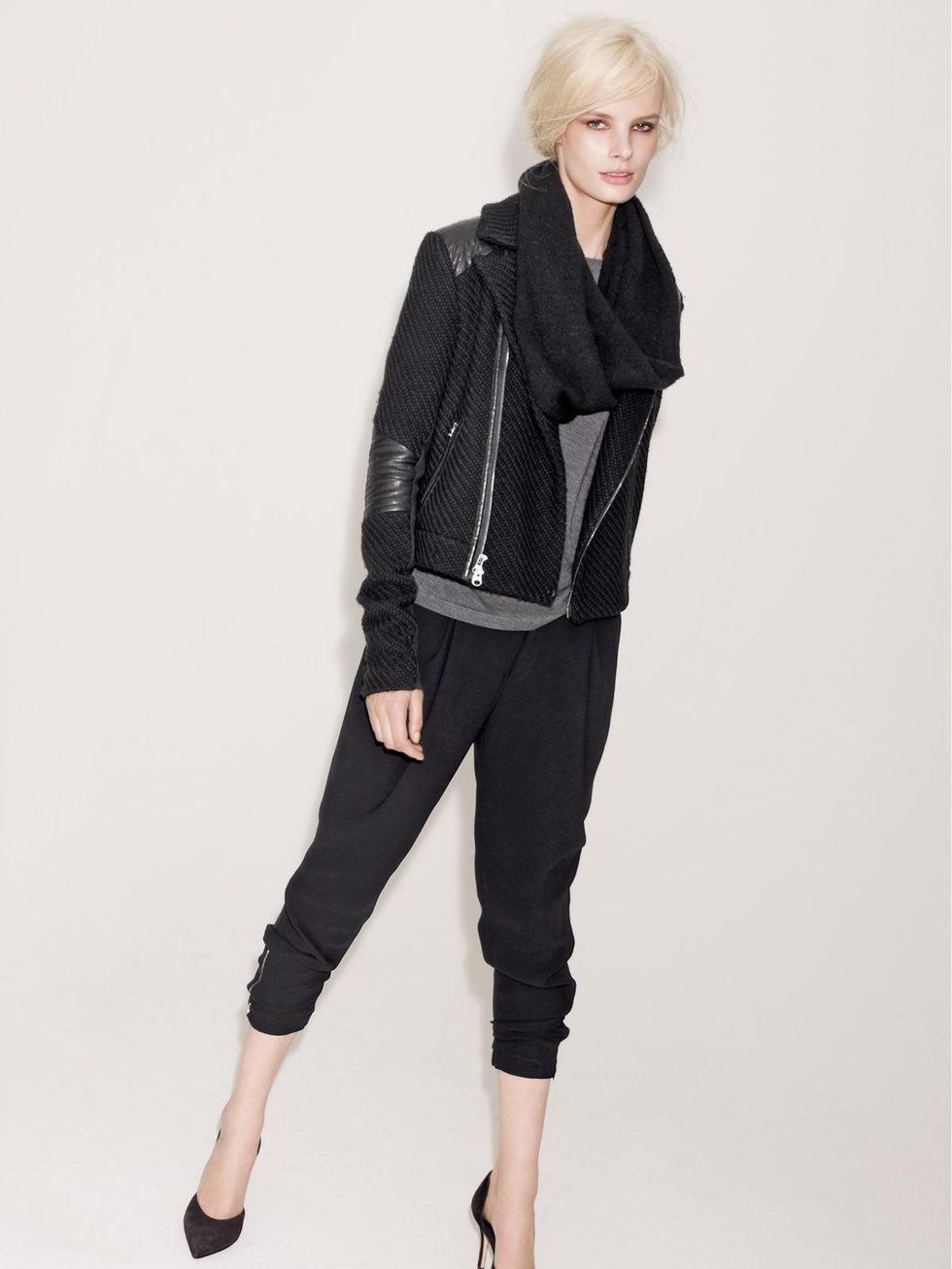 Nordstrom rocker chic model wearing black Vince boucl\u00e9 leather jacket, $695